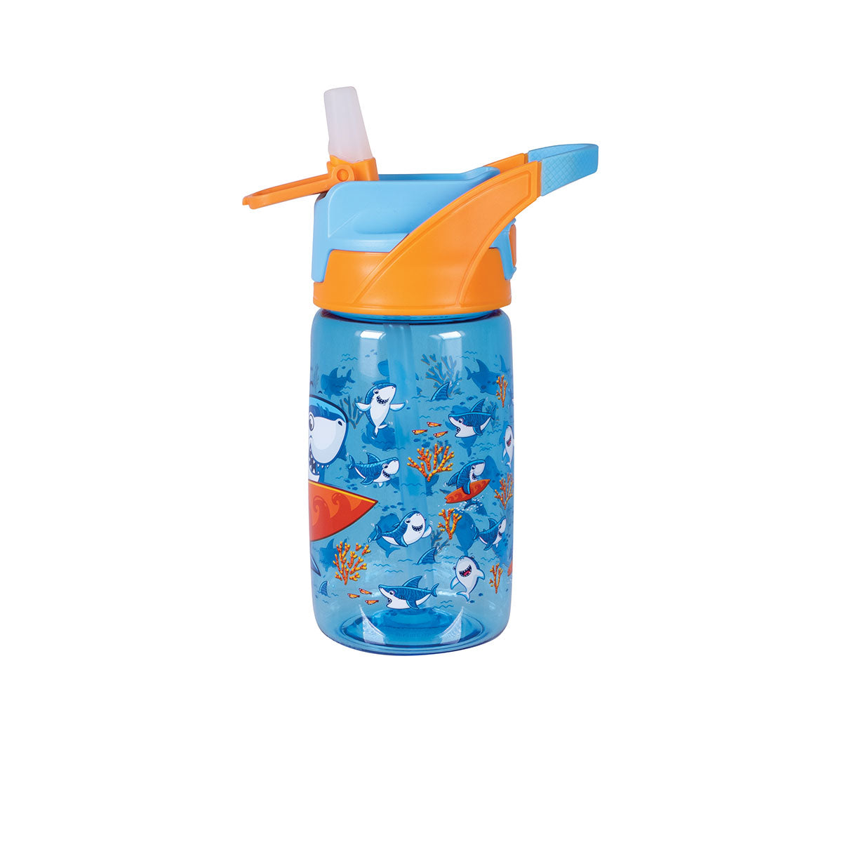 Lid open on the Avanti YumYum Tritan Bottle 450ml - Surfing Sharkie | Matchbox