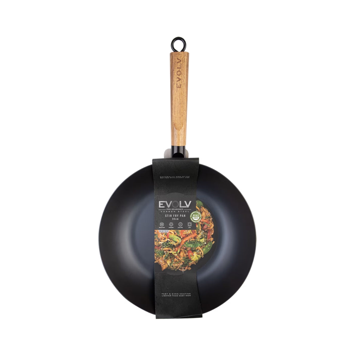 Evolv Pre-Seasoned Carbon Steel Stir Fry Pan 30cm With Acacia Wood Handle