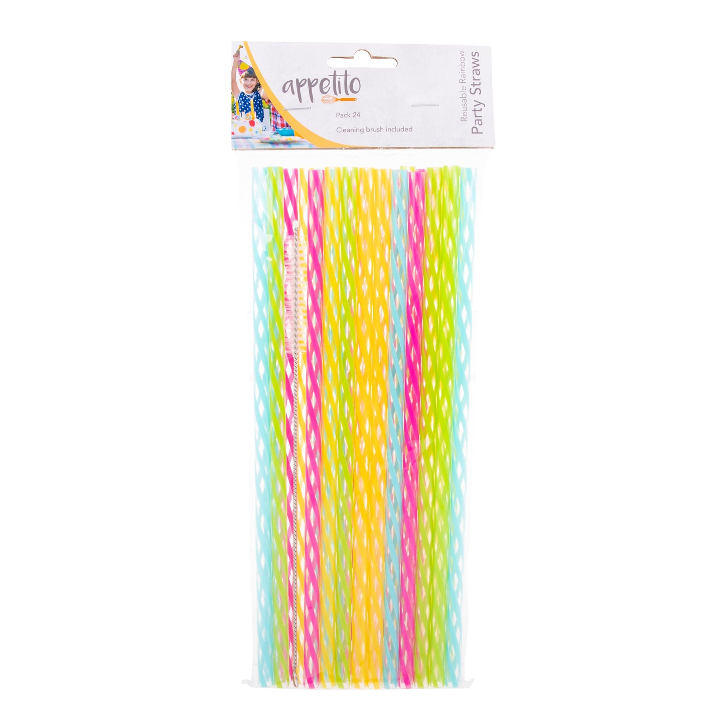 Appetito Reusable Party Straws Pack 24 with Brush - Rainbow 25cm