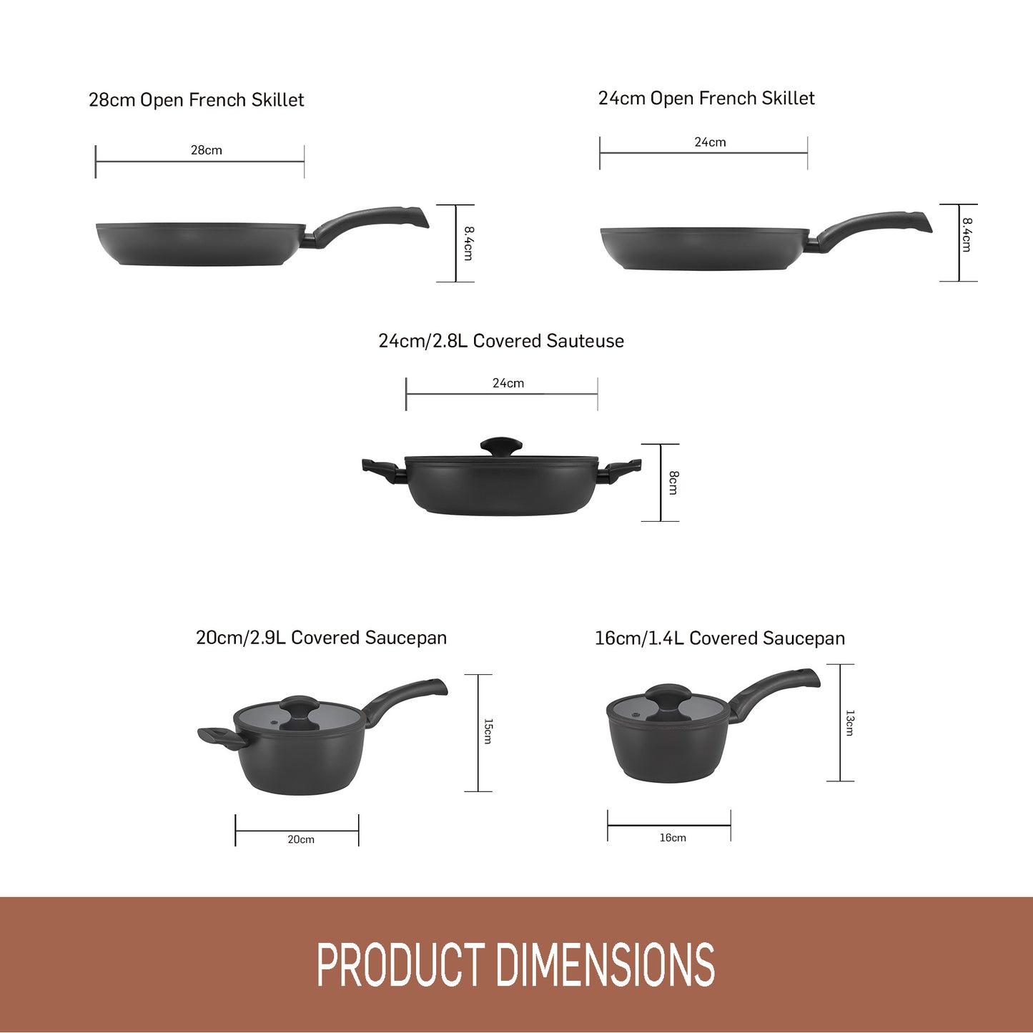 Essteele per Salute 5 piece Cookware set featuring product dimensions