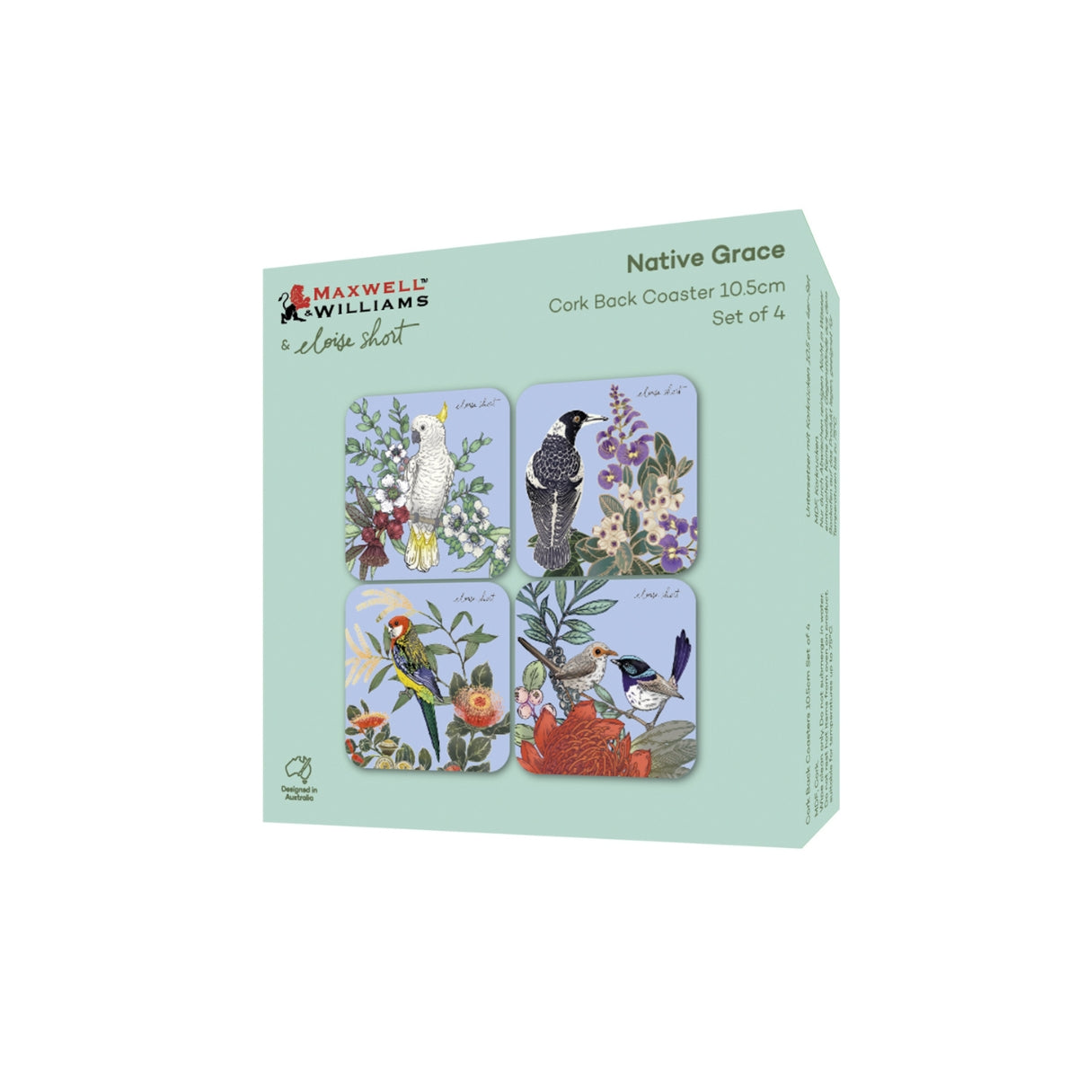Maxwell & Williams Eloise Short Native Grace Cork Back Coaster 10.5cm Set of 4 Gift Boxed Assorted