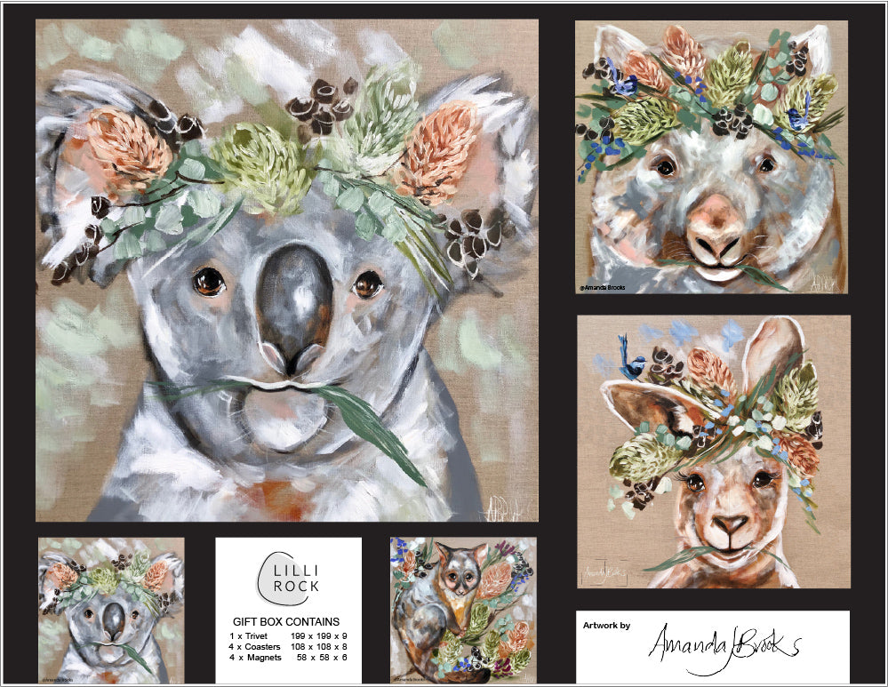 Amandas Fauna Gift Pack including 1 x Trivet 4 x Coasters & 4 x Magnets 35x27cm Gift Pack