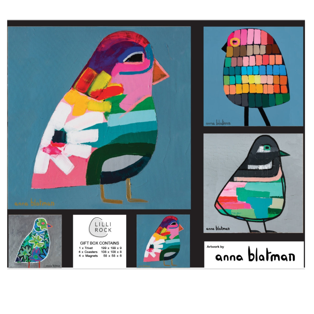 Annas Birds Gift Pack including 1 x Trivet 4 x Coasters & 4 x Magnets 35x27cm Gift Pack
