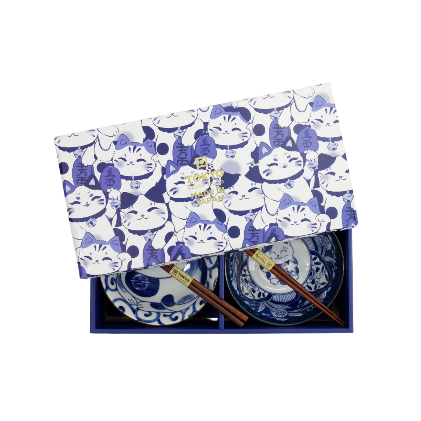 Kawaii Cat Neko Bowl 2pc With Chopsticks Swirl Cat Gift Boxed