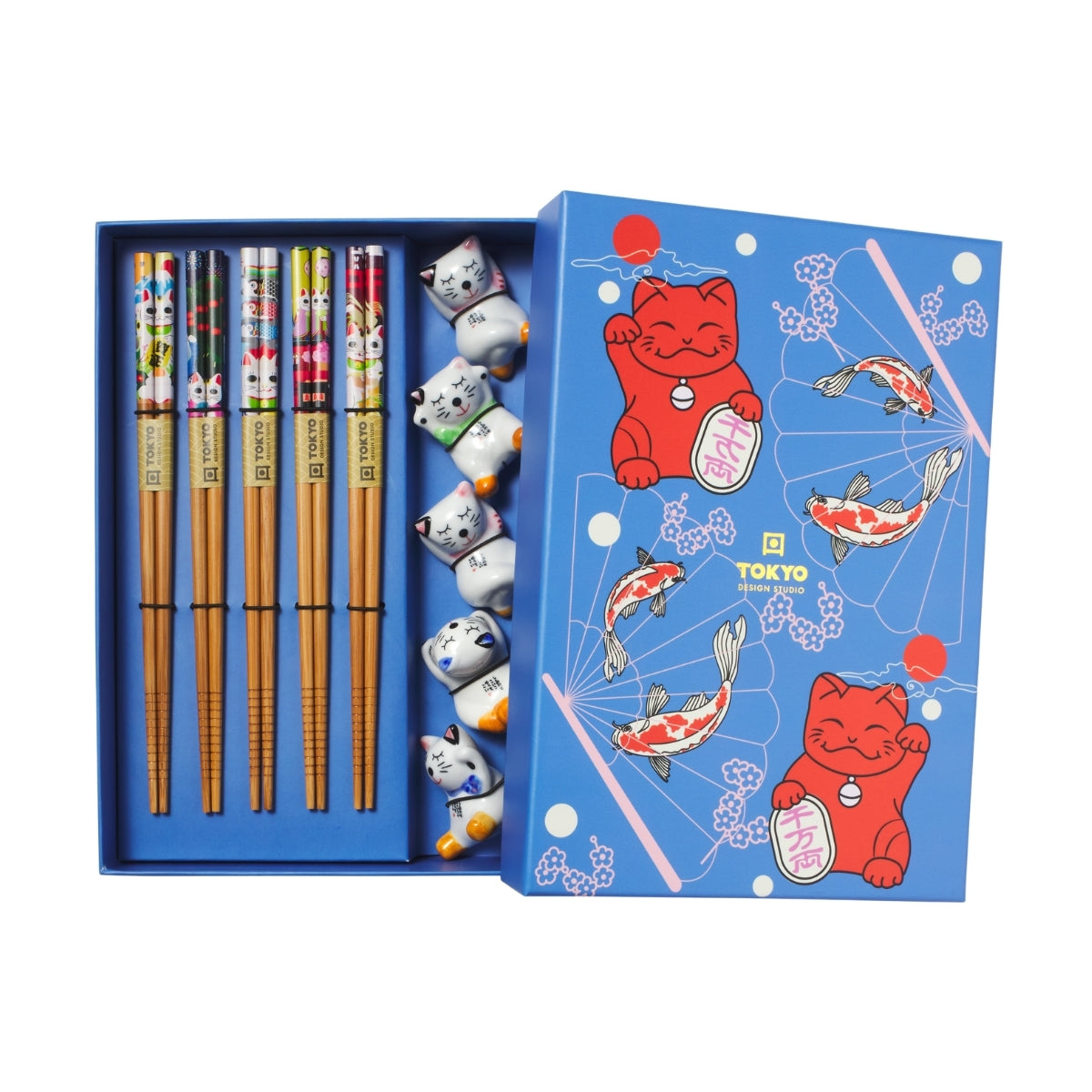 Tokyo Design Studio Lucky Cat Hanami Chopsticks 10pc With Rest Gift Boxed - Assorted