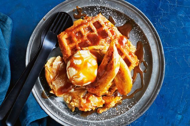 Caramel custard waffle bake with bananas 