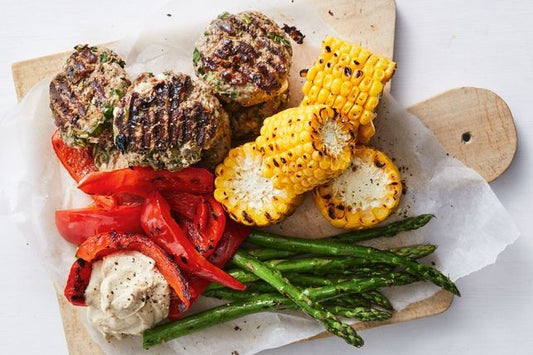 Feta & Mint Beef Patties w/ Grilled Veggies & Hummus