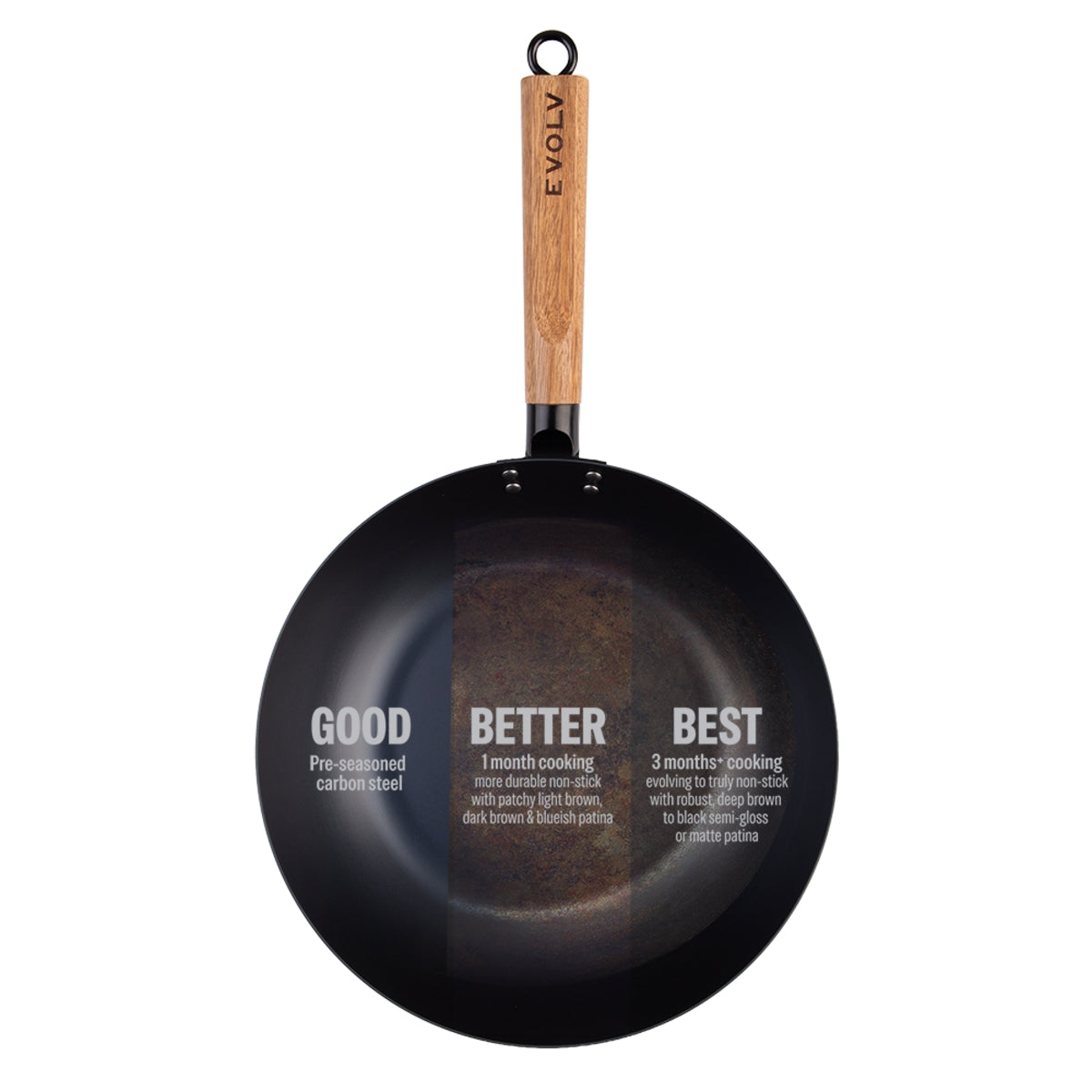 Evolv Pre-Seasoned Carbon Steel Stir Fry Pan 30cm With Acacia Wood Handle