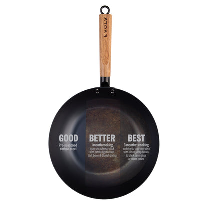 Evolv Pre-Seasoned Carbon Steel Stir Fry Pan 30cm With Acacia Wood Handle