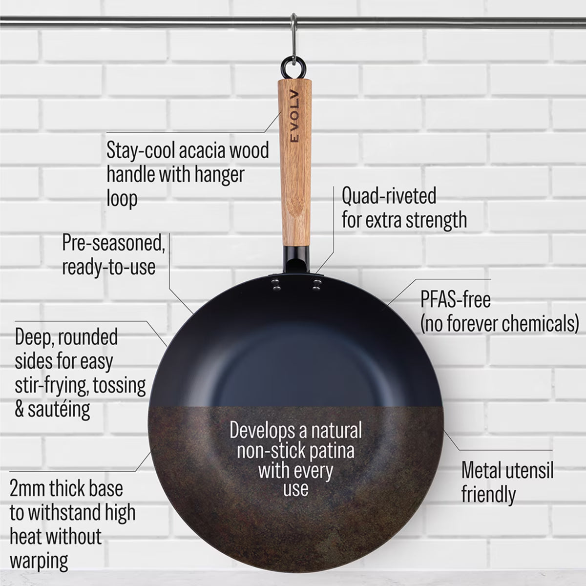 Evolv Pre-Seasoned Carbon Steel Stir Fry Pan 30cm With Acacia Wood Handle