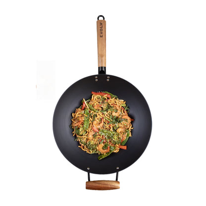 Evolv Pre-Seasoned Carbon Steel Wok 35cm with Acacia Wood Handle