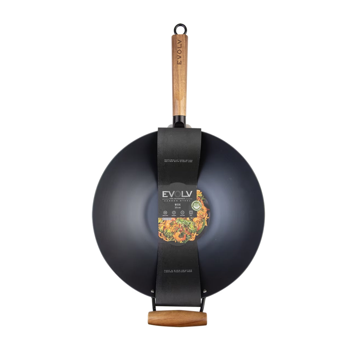 Evolv Pre-Seasoned Carbon Steel Wok 35cm with Acacia Wood Handle