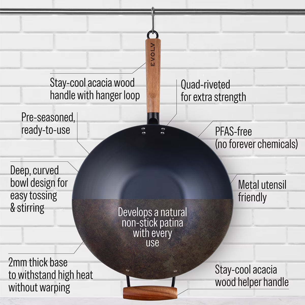 Evolv Pre-Seasoned Carbon Steel Wok 35cm with Acacia Wood Handle