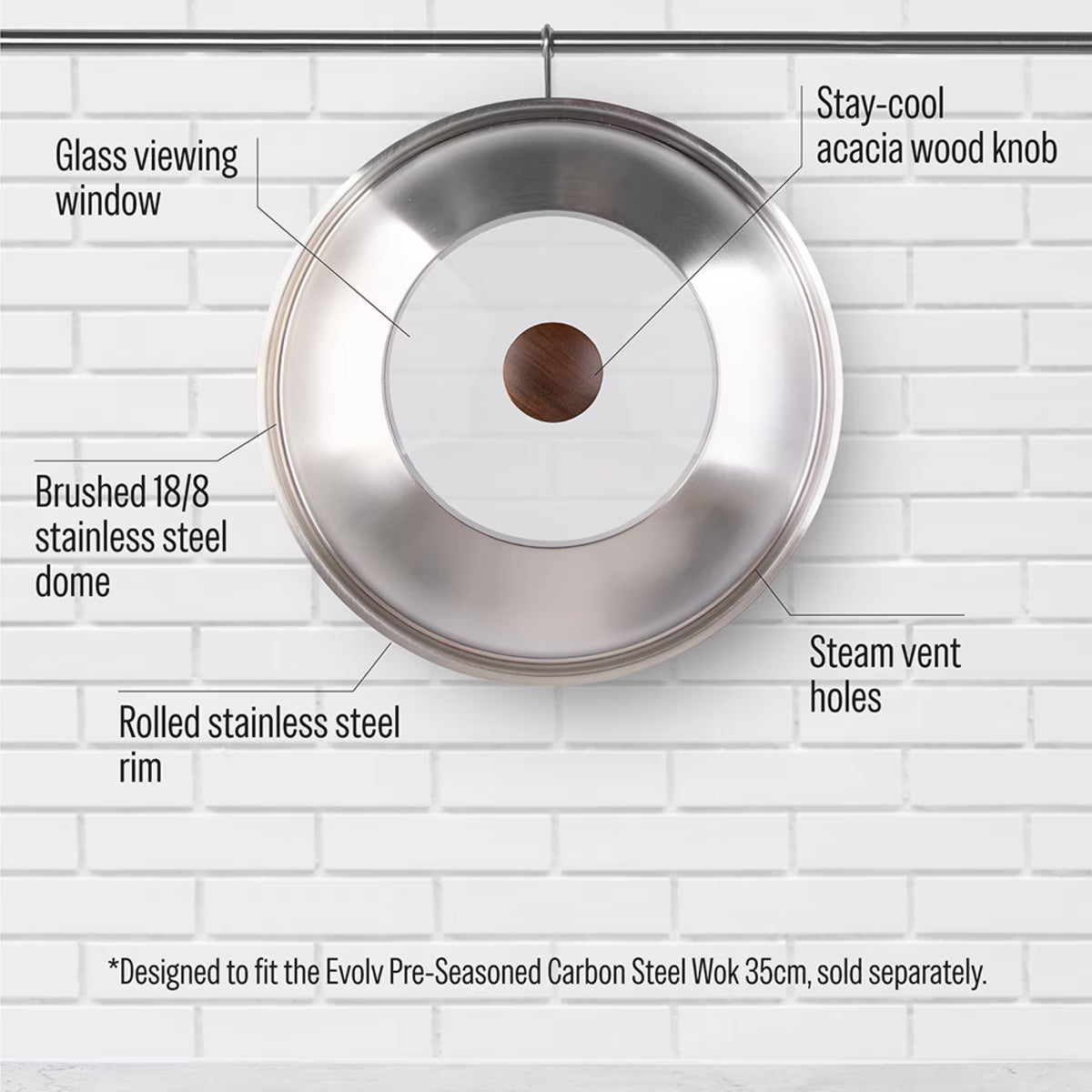 Evolv Stainless Steel Glass Wok Lid 35cm