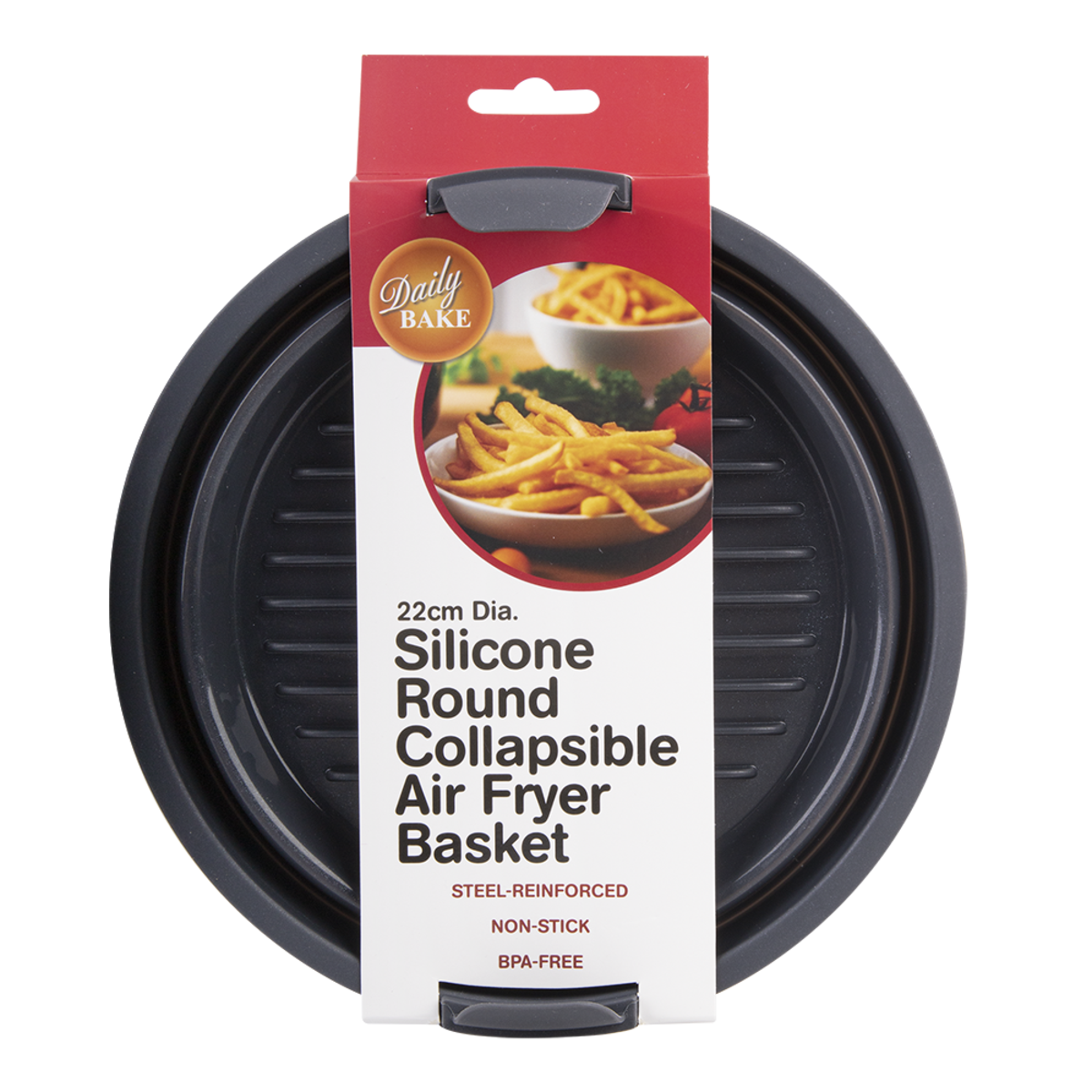 Daily Bake Silicone Round Collapsible Air Fryer Basket in Packaging