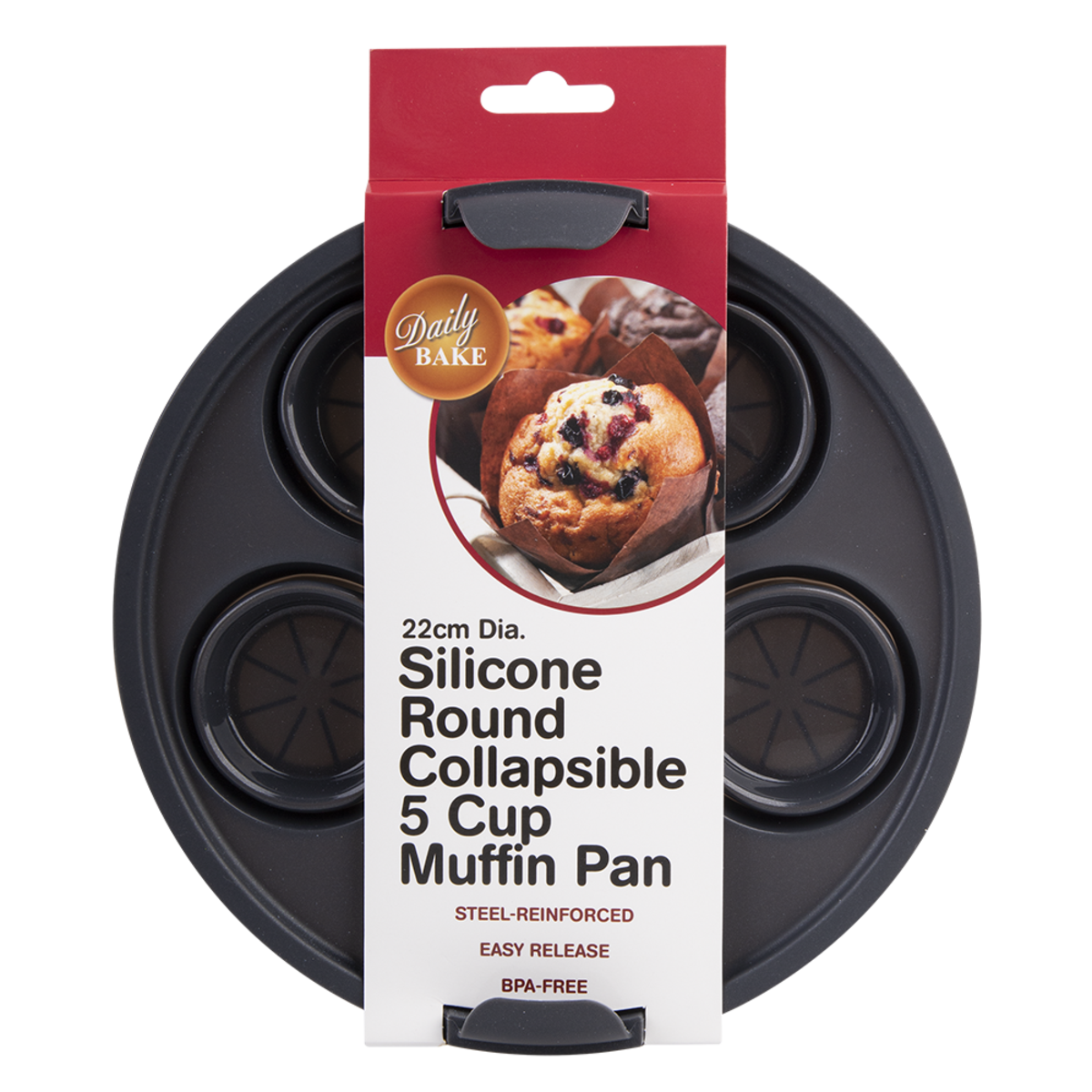 Daily Bake Silicone Round Collapsible 5 Cup Muffin Pan in Packaging
