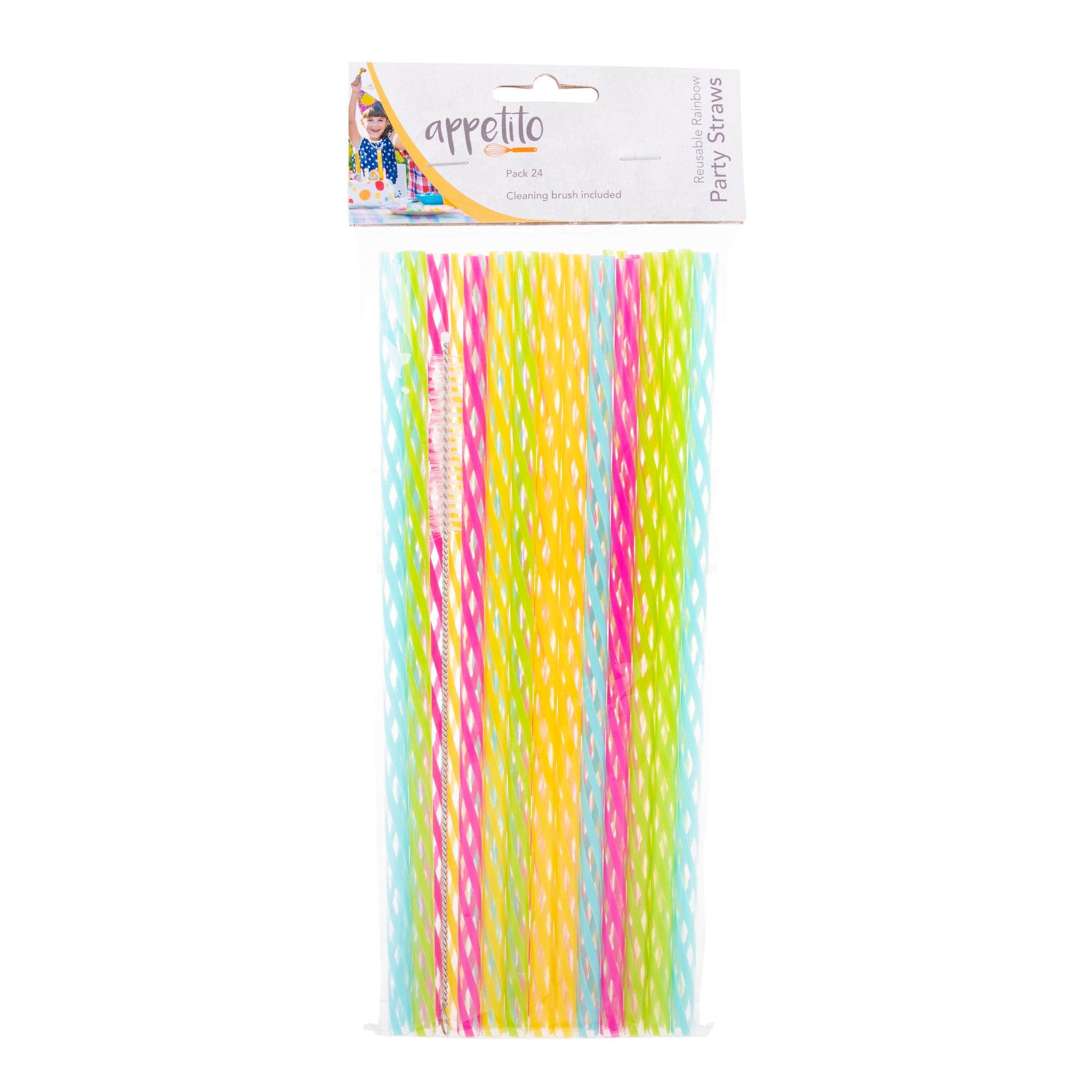 Appetito Reusable Party Straws Pack 24 with Brush - Rainbow 25cm
