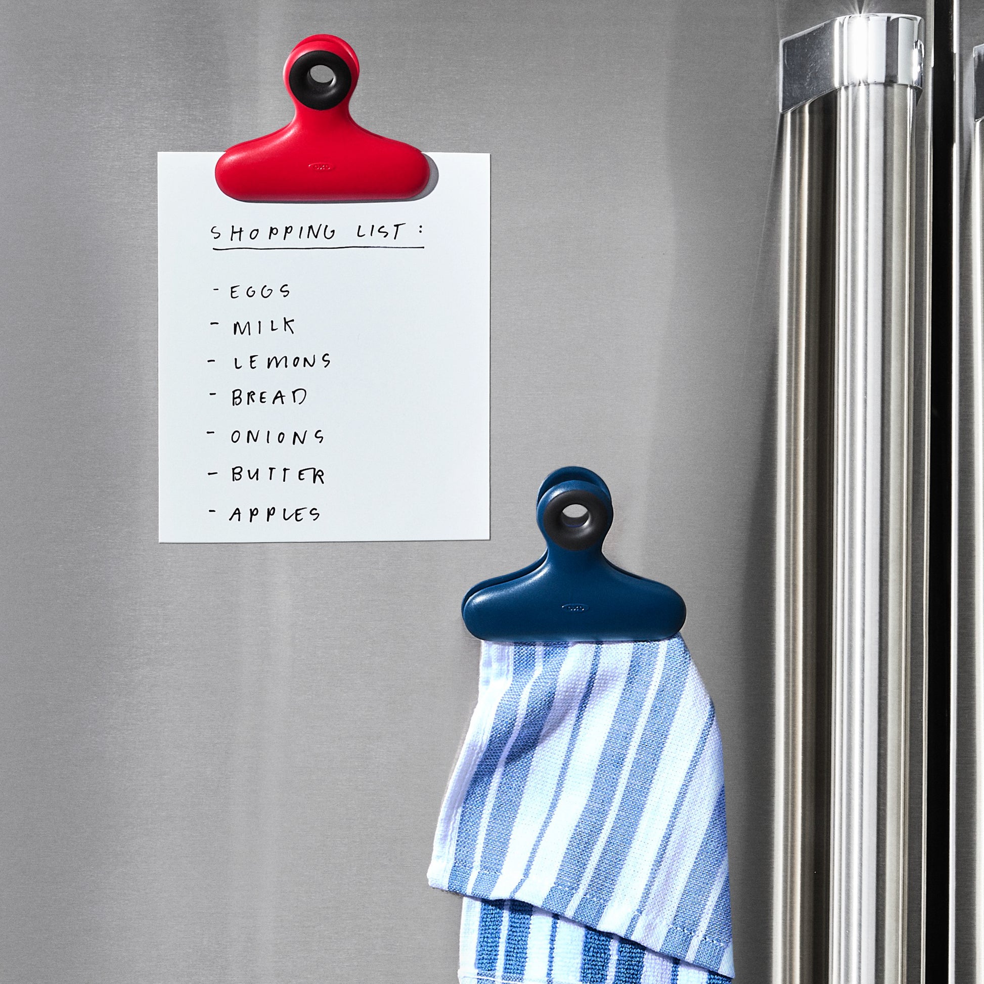 Oxo Good Grips Heavy Duty Clips Red and Navy on fridge