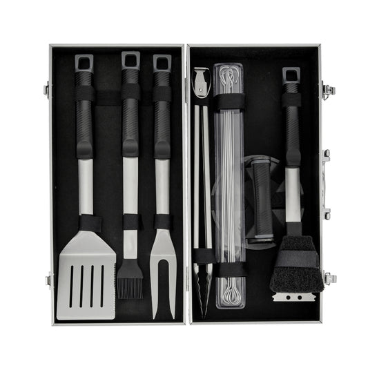 Wiltshire 15 Piece BBQ Set Hard Case Including Cast Iron Burger Press