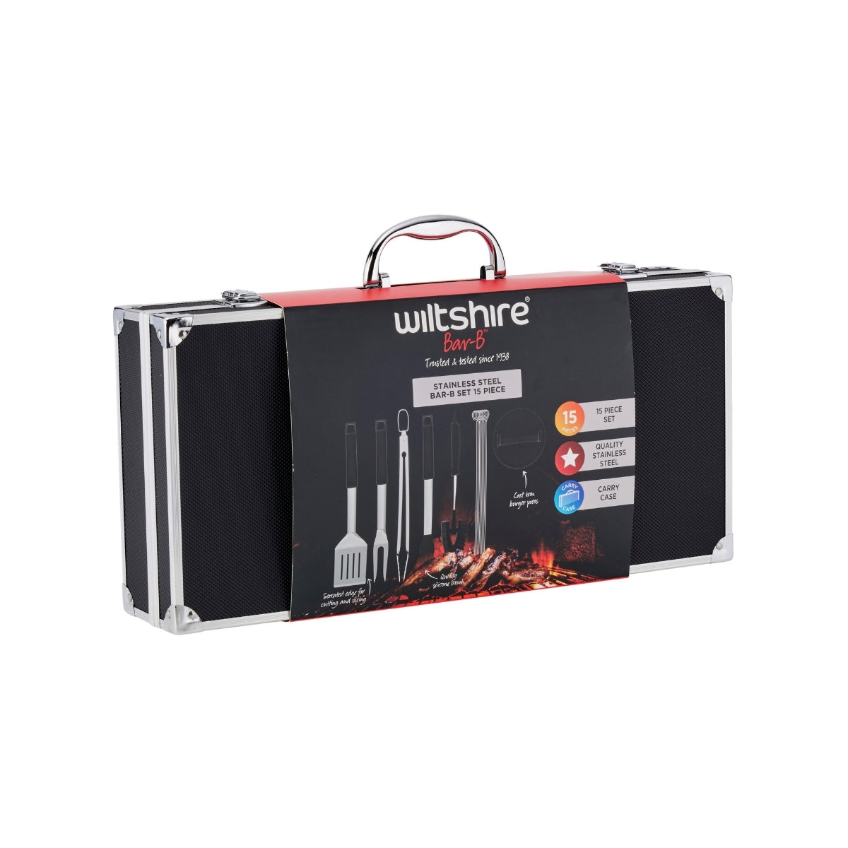 Wiltshire 15 Piece BBQ Set Hard Case Including Cast Iron Burger Press