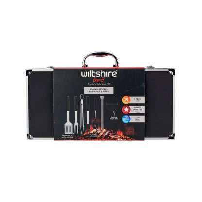Wiltshire 15 Piece BBQ Set Hard Case Including Cast Iron Burger Press