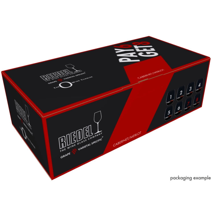 Riedel wine glass packaging box with red and black design on a white background