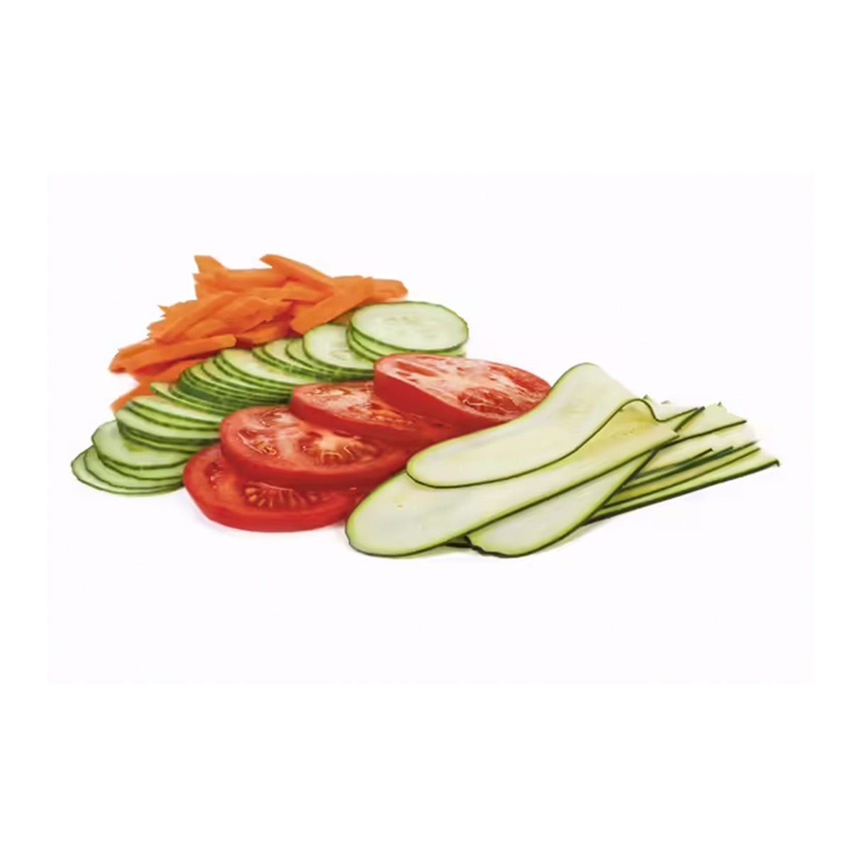 Fruits and vaegetables sliced by the PL8 Professional Mandoline Slicer