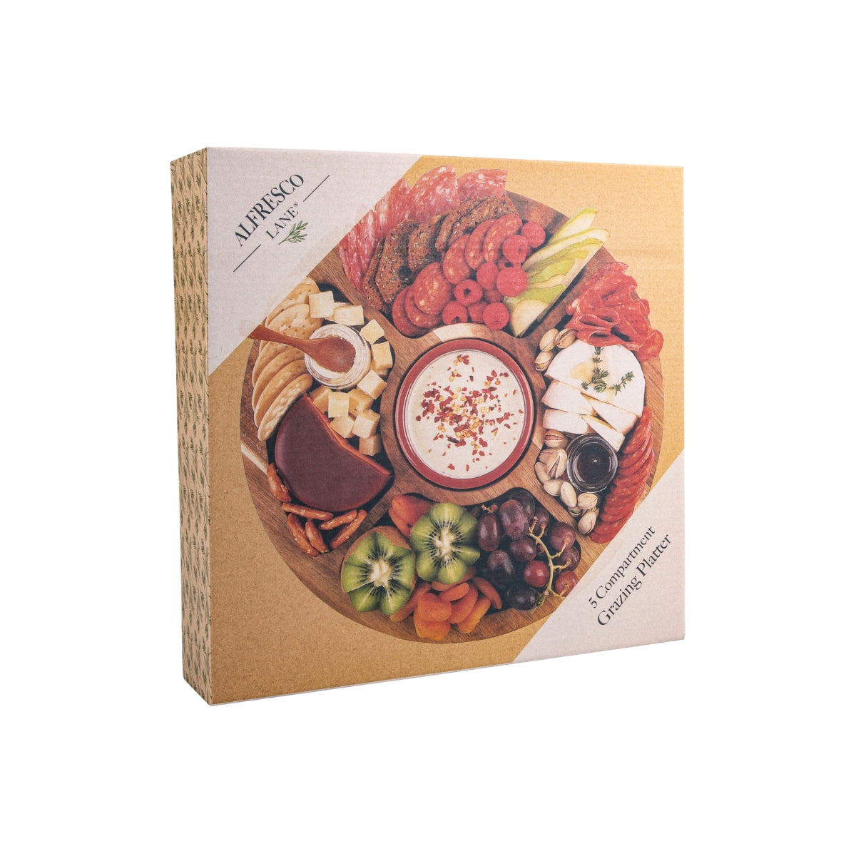 Alfresco Lane Acacia Wood 5 Compartment Round Grazing Platter With Lid