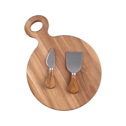 Alfresco Lane 3 Pce Round Acacia Wood Cheese Paddle With Knives - 30 x 22cm
