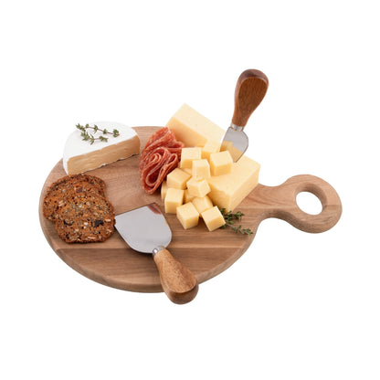Alfresco Lane 3 Pce Round Acacia Wood Cheese Paddle With Knives - 30 x 22cm