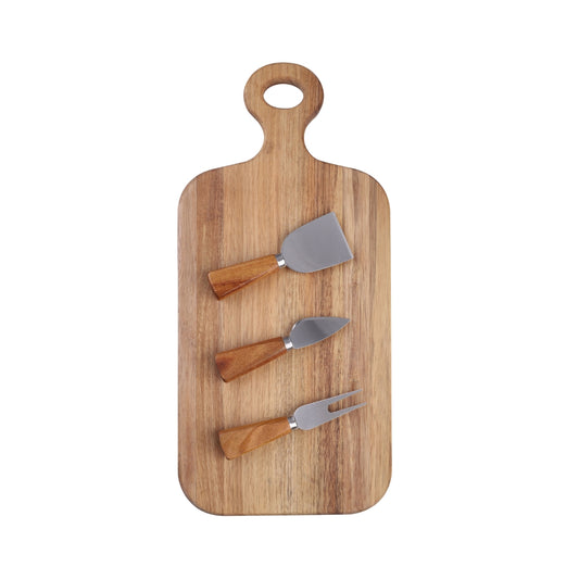 Alfresco Lane 4 Pce Oblong Acacia Wood Cheese Paddle With Knives - 43 x 20cm