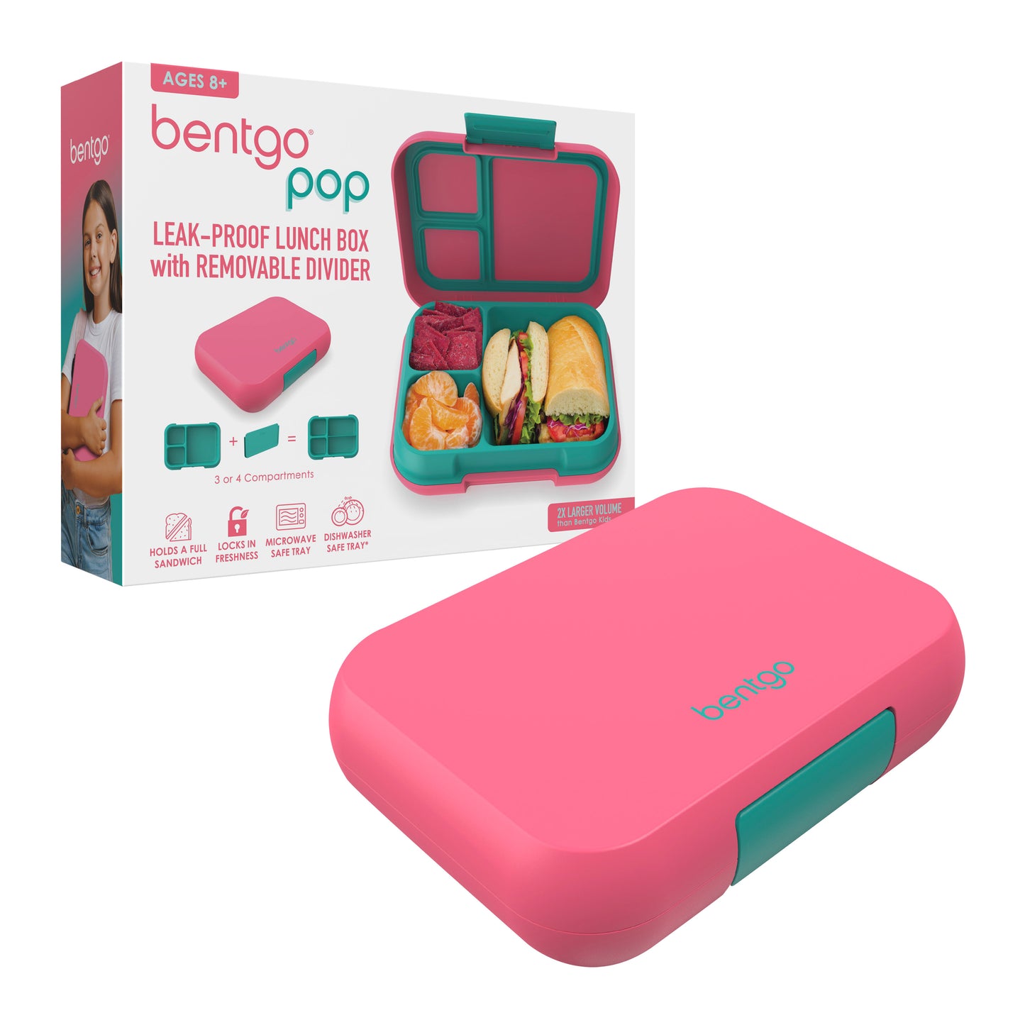 Packaging and Close Up of the Bentgo Pop Lunch Box Bright Coral & Teal