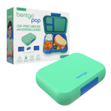 Packaging and Close Up Bentgo Pop Lunch Box in Spring Green and Blue