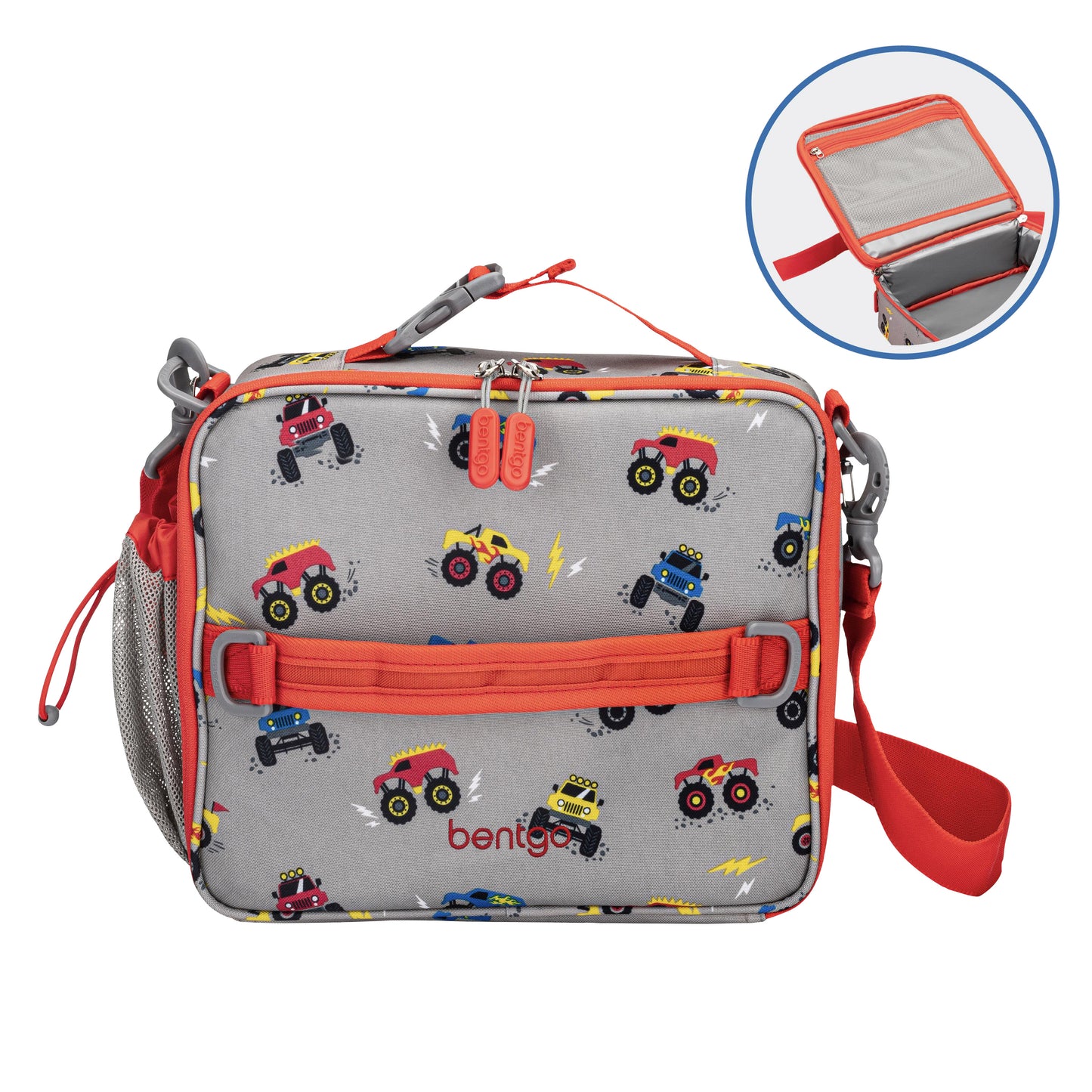 Bentgo Kids Print Lunch Bag - Trucks Inset showing internal zip up compartment