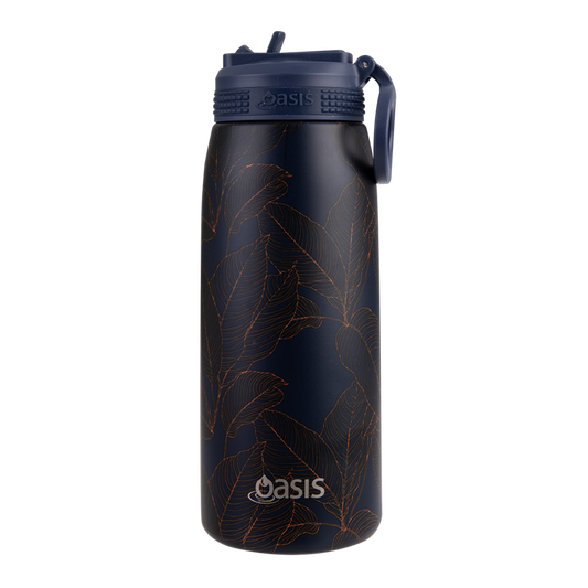 Stainless Steel D/W Ins. Sports Bottle W/ Sipper Straw Navy Leaves