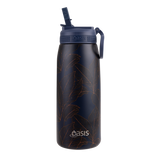 Stainless Steel D/W Ins. Sports Bottle W/ Sipper Straw Navy Leaves
