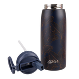 Stainless Steel D/W Ins. Sports Bottle W/ Sipper Straw Navy Leaves
