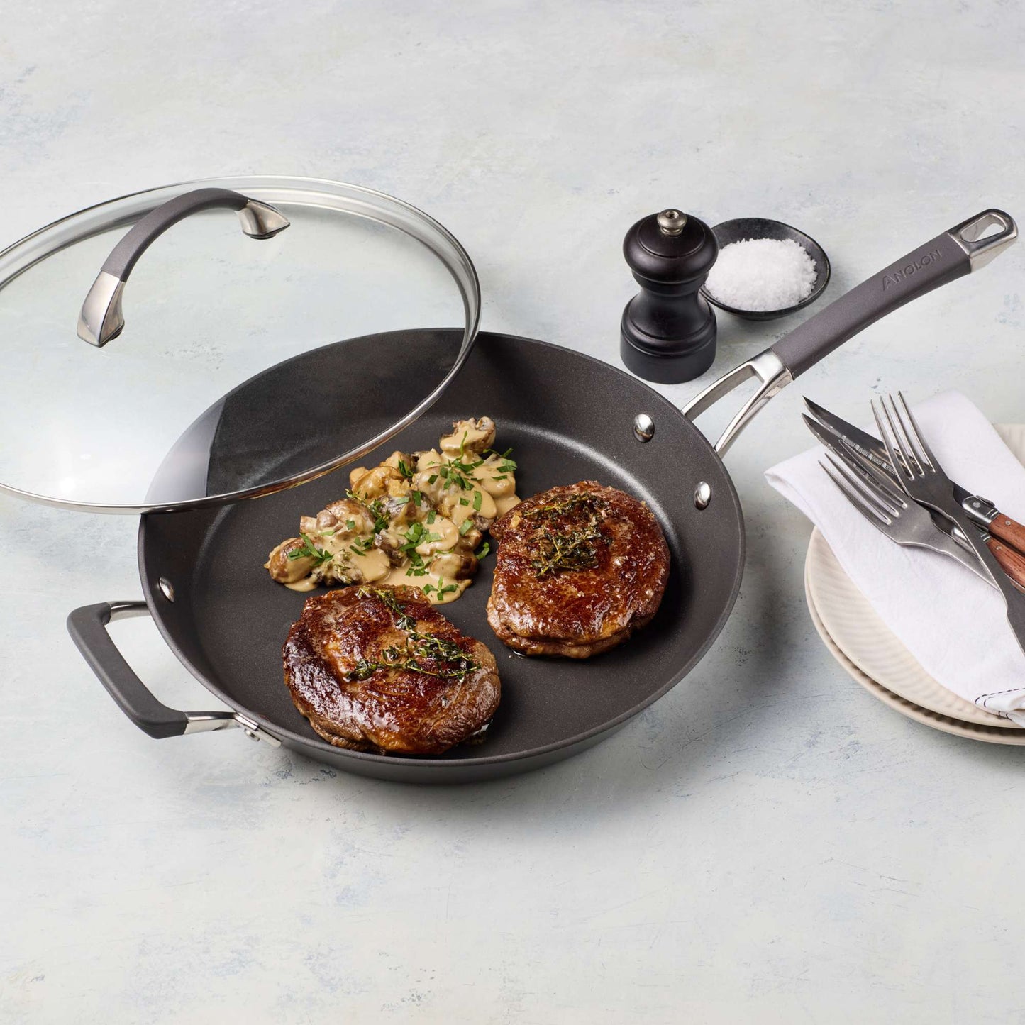Anolon Endurance+ 30cm Open French Skillet with Bonus Lid Steak and Mushrooms