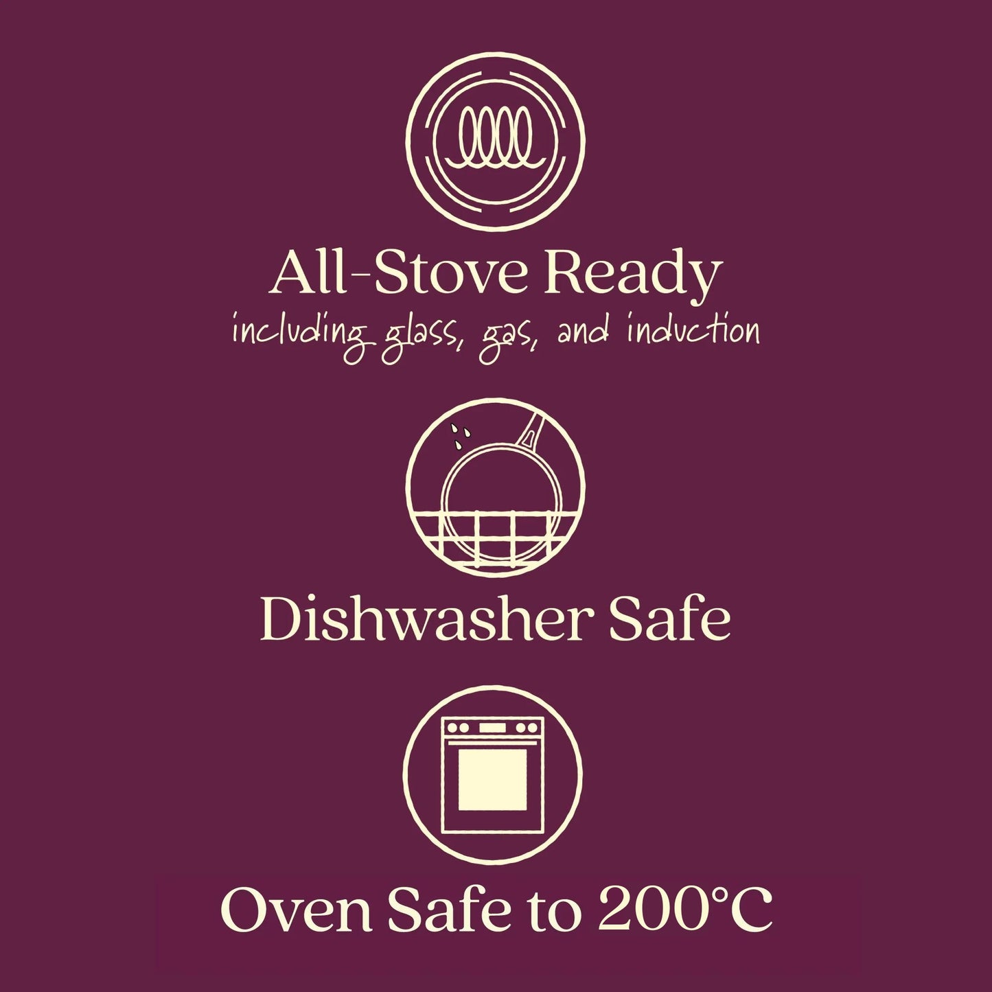 Anolon Synchrony Featuring Oven Safe to 200 Degrees Celsius. Suitable for All Cooktops including Induction. Dishwasher safe 