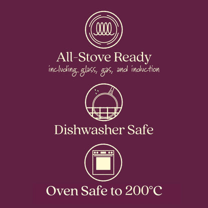 Anolon Synchrony Featuring Oven Safe to 200 Degrees Celsius. Suitable for All Cooktops including Induction. Dishwasher safe 