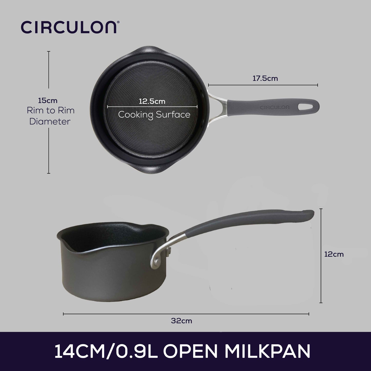 Circulon Scratch Defence A1 14cm 0.9L Milkpan featuring dimensions 