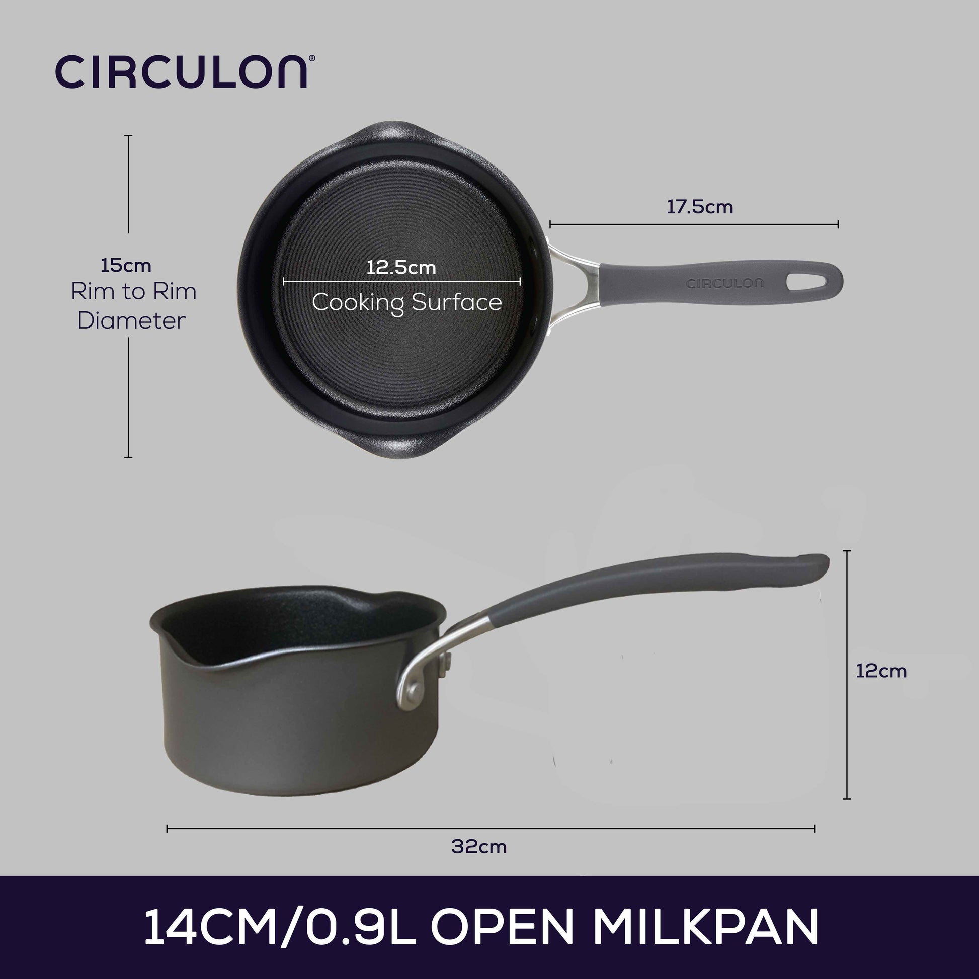 Circulon Scratch Defence A1 14cm 0.9L Milkpan featuring dimensions 