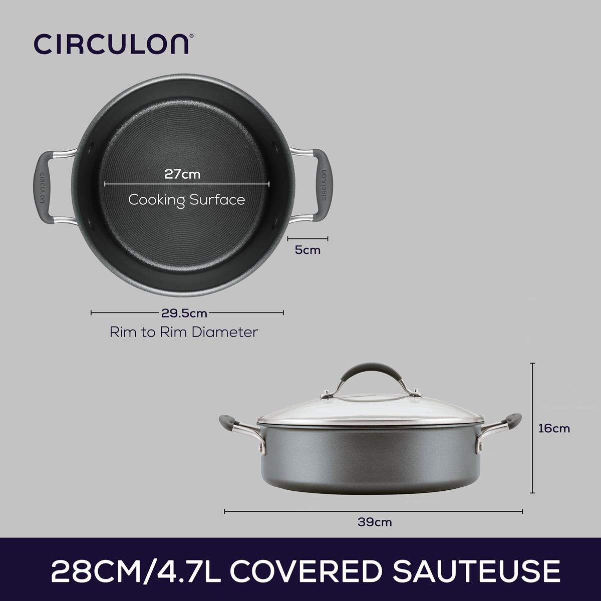 Scratchdefense A1 28cm 4.7L Covered Sauteuse featuring dimensions 