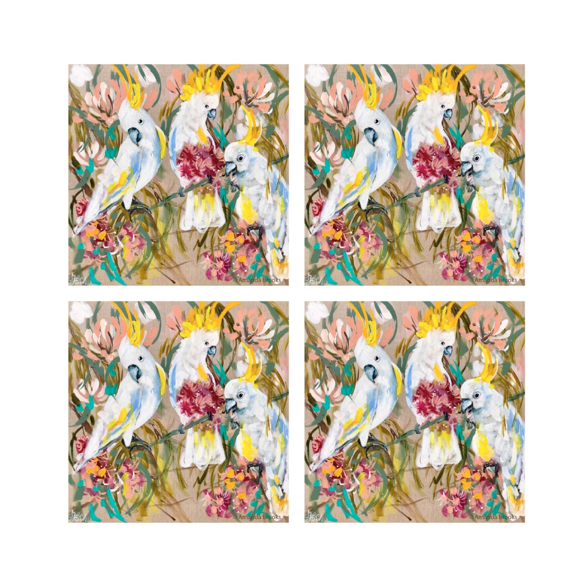 Lilli Rock Amanda Brooks Cockatoos and Gum Coaster Set 11x11cm Set of 4 Coasters