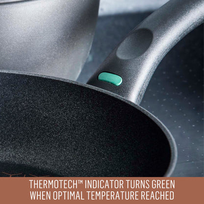 Essteele Per Salute 32cm Covered Stirfry featuring Thermotech Indicator turns green when optimal temperature reached