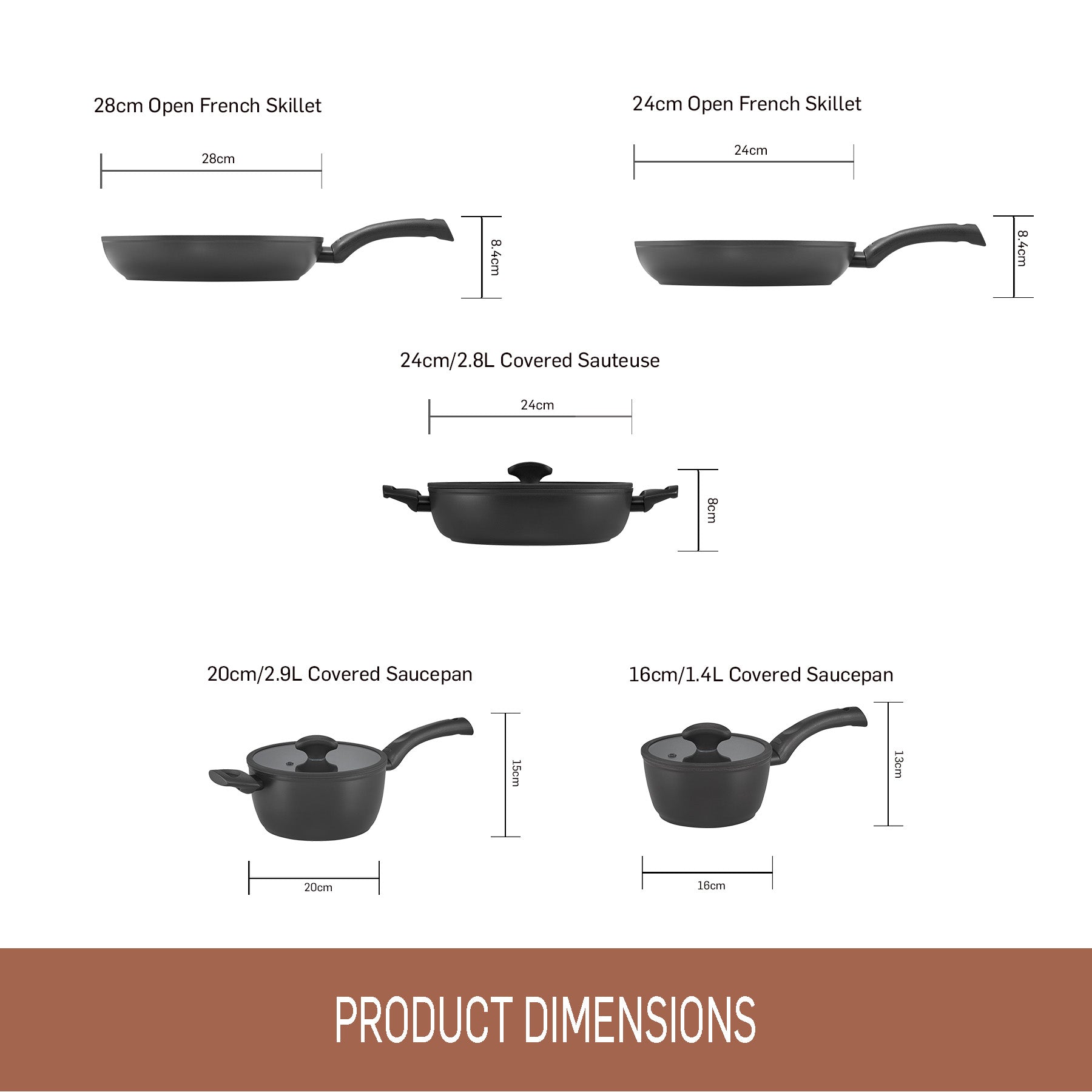 Essteele per Salute 5 piece Cookware set featuring product dimensions 