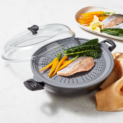 Essteele Per Salute 32cm 5.7 L Multicooker featuring steamer insert