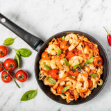 Essteele Per Salute 20cm Open French Skillet featuring Prawns , tomatoes and pasta 