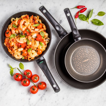 Essteele Per Salute 20,24 and 28cm Triple skillet pack  featuring prawns and tomato fettuccine