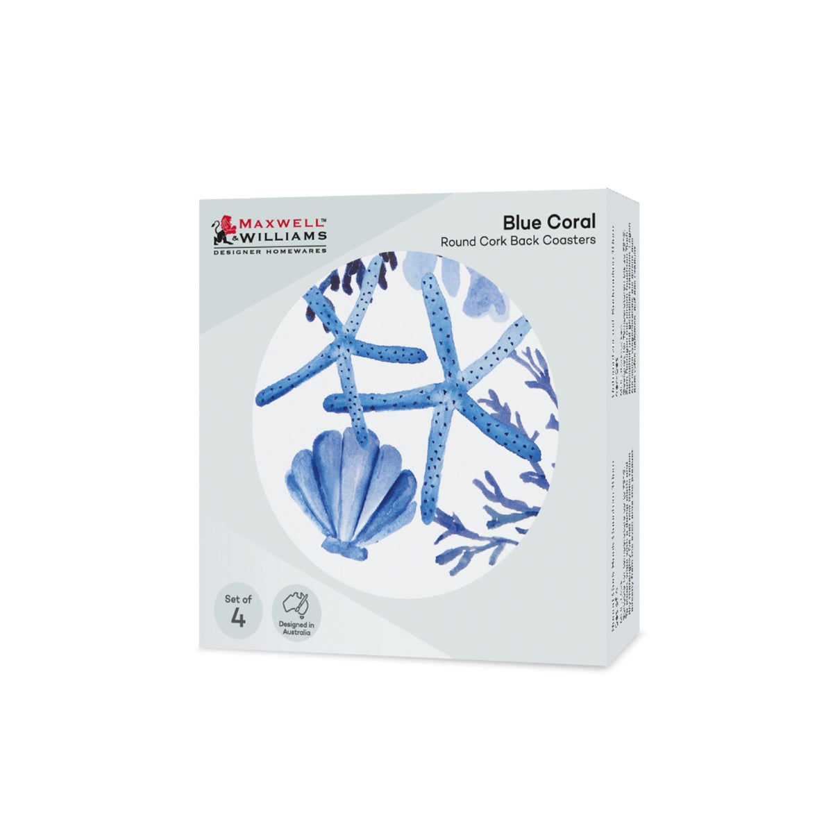 MW Blue Coral Round Cork Back Coaster 10cm Set of 4 Gift Boxed
